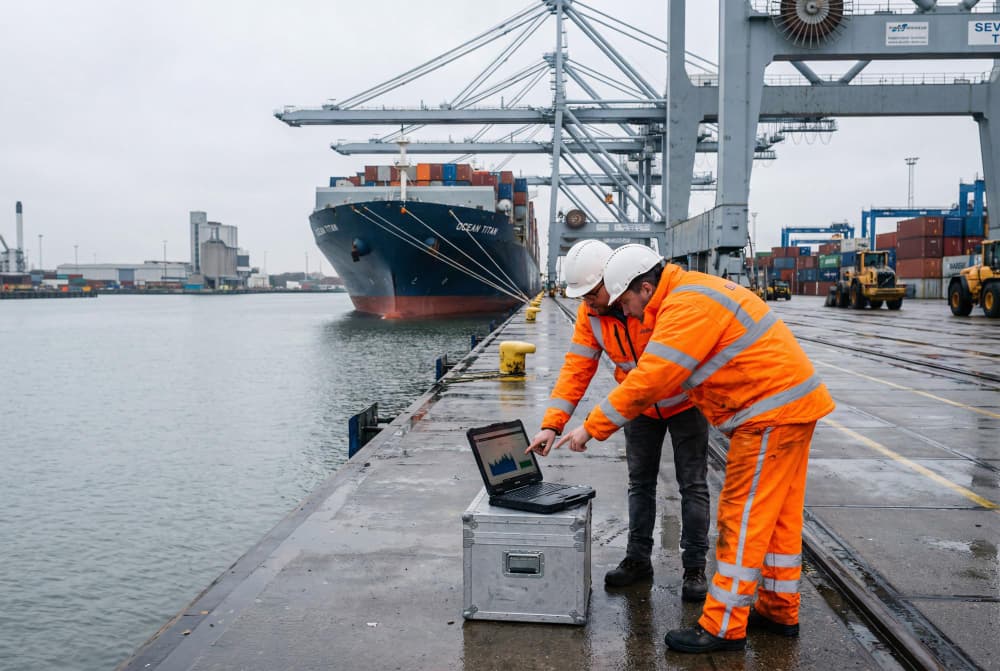 Port State Control surveyors reviewing vessel data dockside with container ship in background