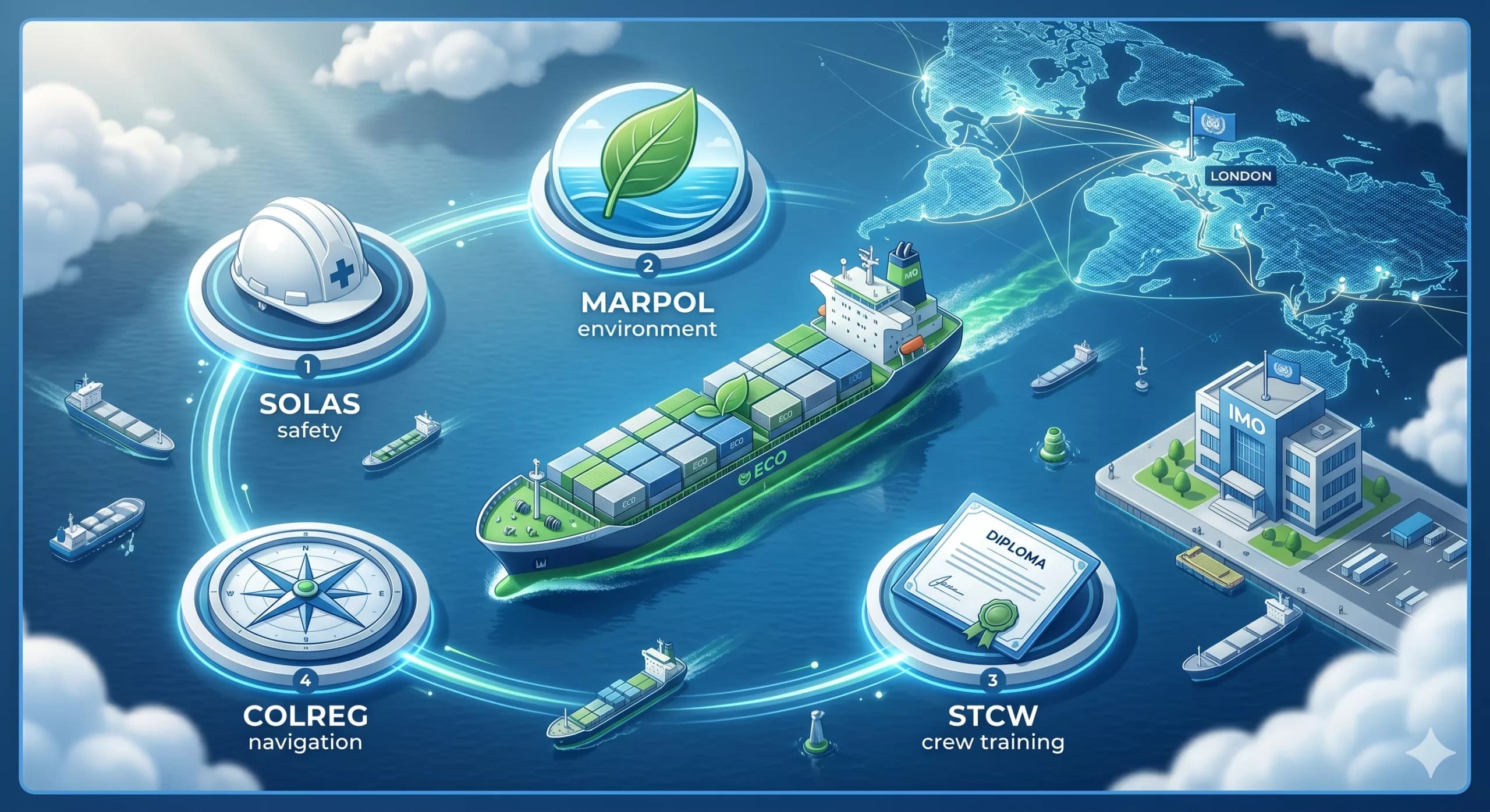 IMO regulatory framework diagram showing SOLAS, MARPOL, STCW and COLREG conventions around an eco-friendly container vessel